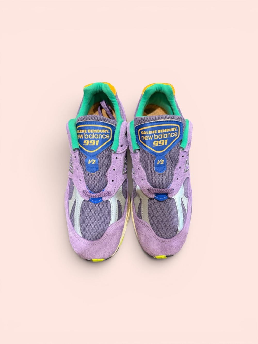 New Balance 991 Athletic Shoes in Lavender, Green & Yellow